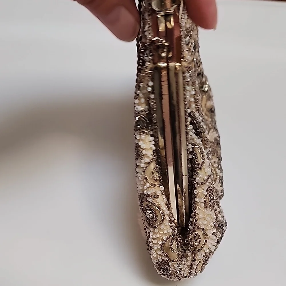 Elegant Beaded Clutch in Cream and Brown